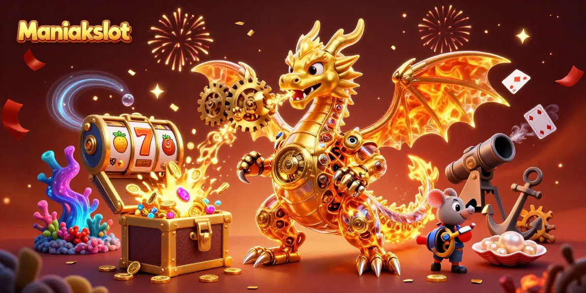 Experience the excitement of Maniakslot with a dragon and treasure in a vibrant 3D scene.