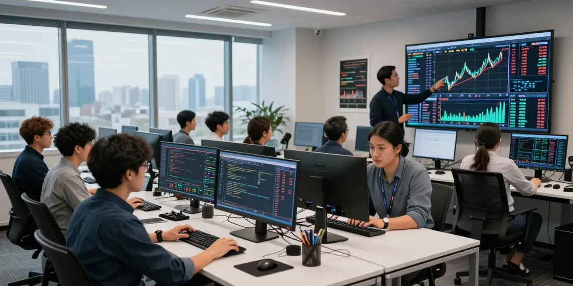 HK stock real-time API powering a dynamic trading room with diverse professionals analyzing market data.
