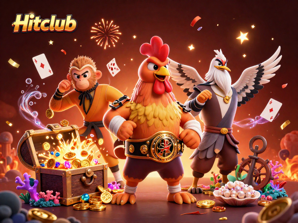 Hitclub catapults winnings with a vibrant 3D illustration of casino-themed martial arts characters.