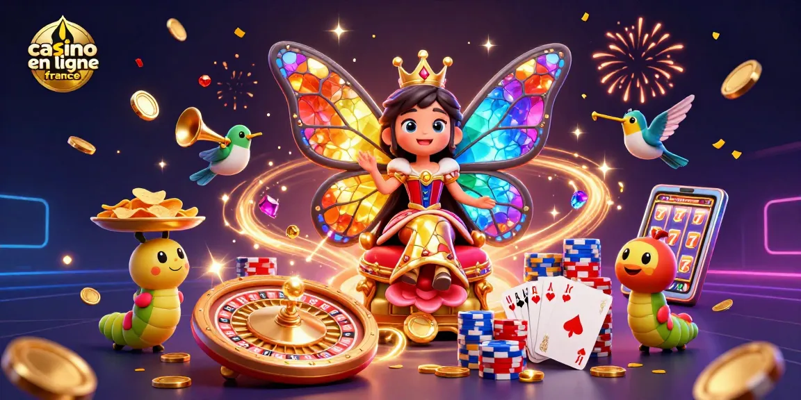 Profitez de jeux au casino en ligne France avec une reine papillon et des éléments de casino riches.